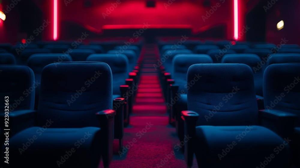 A deserted movie theater featuring rows of plush seats illuminated by striking red and blue neon lights. A deserted movie theater featuring rows of plush seats illuminated by striking red and blue neon lights.