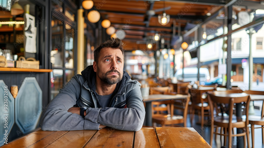 Obraz premium Frustrated owner sitting at table in closed cafe, small business lockdown due to coronavirus.