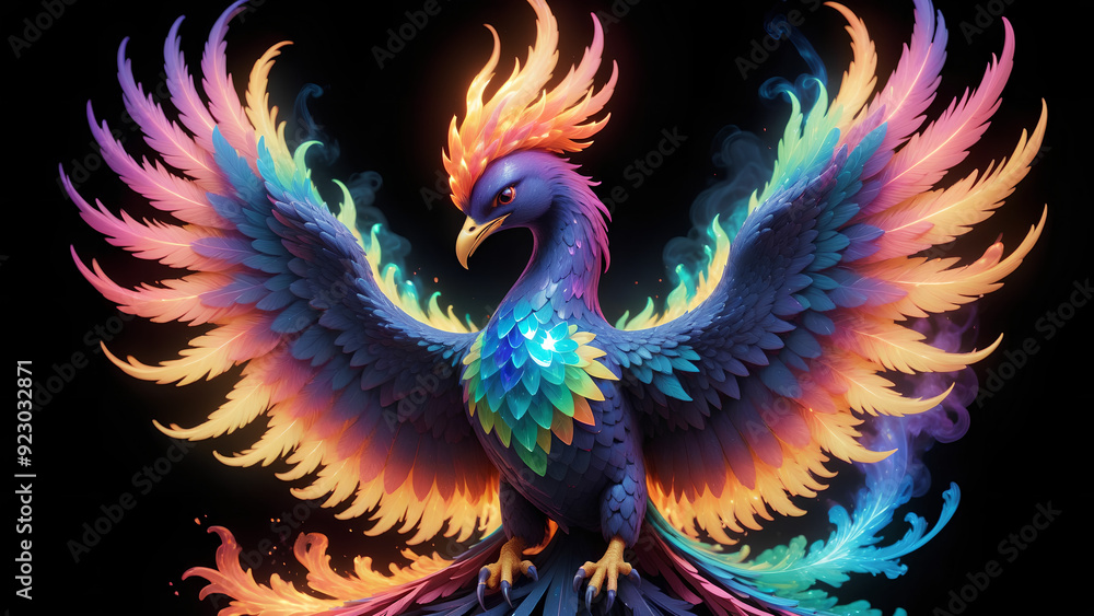 Obraz premium glowing phoenix rising from a kaleidoscope of neon rainbow smoke