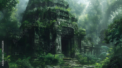 Forgotten temple overgrown with jungle relics of a bygone era peeking through the foliage