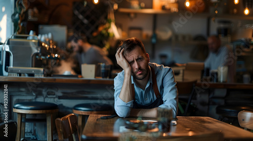 Frustrated owner sitting at table in closed cafe, small business lockdown due to coronavirus.