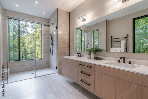 Modern Open Minimal Bathroom with Floating Vanity and Glass Shower Door