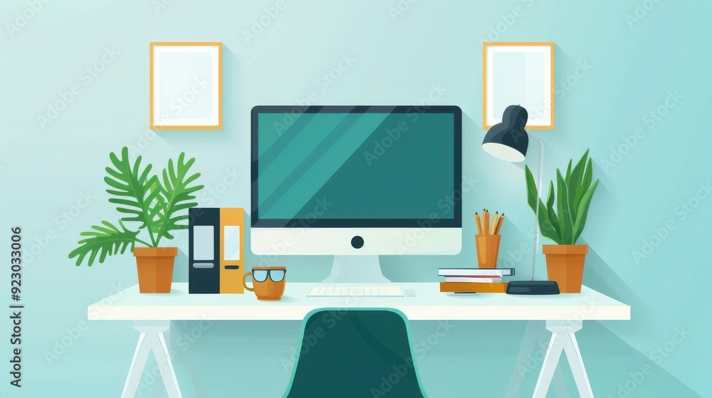 Remote work setup, dual monitors and organized desk, flat design illustration Remote work setup, dual monitors and organized desk, flat design illustration
