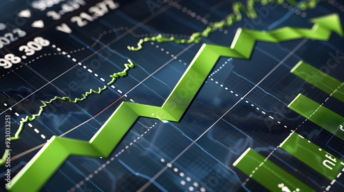 Green up arrow on a stock market chart showing positive growth and investment success.