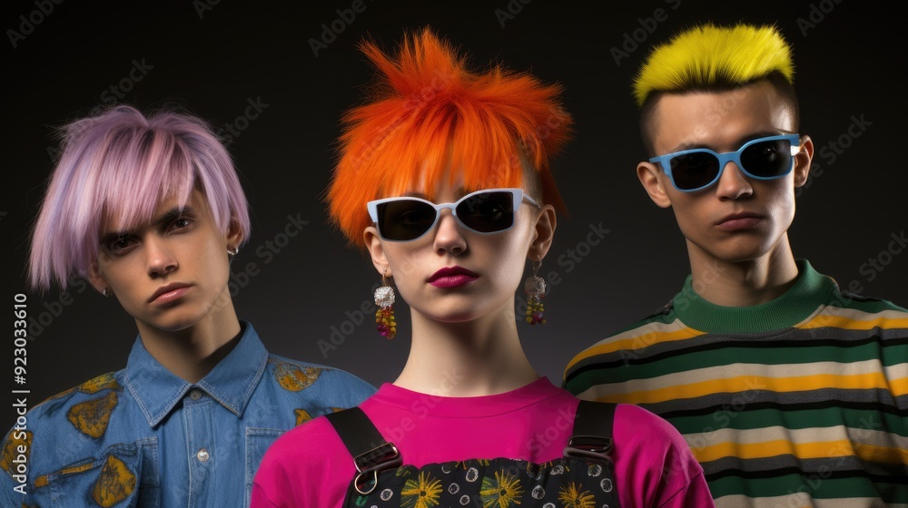 Obraz premium 1980s 1990s style. Punk fashion as a reaction to the hippie movement of past decades and against materialistic values of current decade. Retro, pop, hipster, neon, colorful, nineteenth.