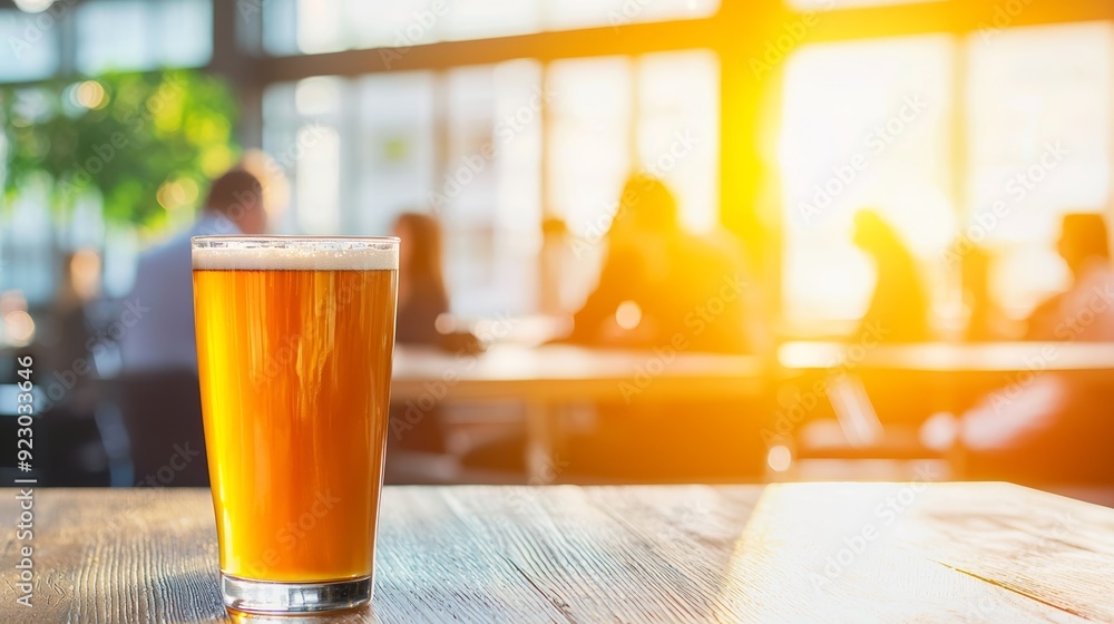 A refreshing glass of amber beer on a wooden table, with a bright sunlit atmosphere in a cozy social setting. A refreshing glass of amber beer on a wooden table, with a bright sunlit atmosphere in a cozy social setting.