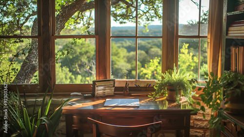 Wallpaper Mural Hill Country Haven: A cozy corner desk nestled in the beautiful Texas Hill Country, surrounded by native greenery and overlooking rolling hills. Torontodigital.ca