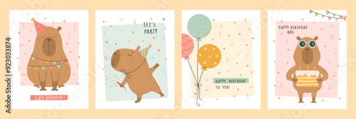 Birthday card set with capybara, cake and balloons