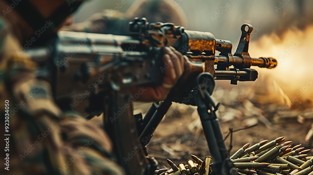 Close up soldiers firing a 50 cal machine gun with spent brass around it military training army war concept Close up soldiers firing a 50 cal machine gun with spent brass around it military training army war concept