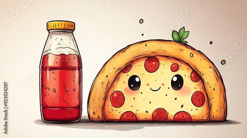 A cute cartoon pizza with a smiling face, accompanied by a bottle of ketchup, perfect for food-themed designs and illustrations. photo