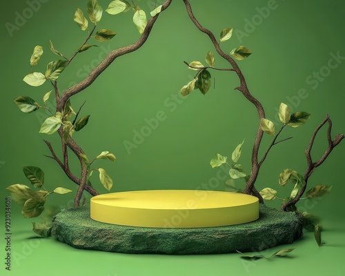 Artistic green and yellow podium intertwined with natural elements like leaves and branches, symbolizing the fusion of humanmade and nature photo