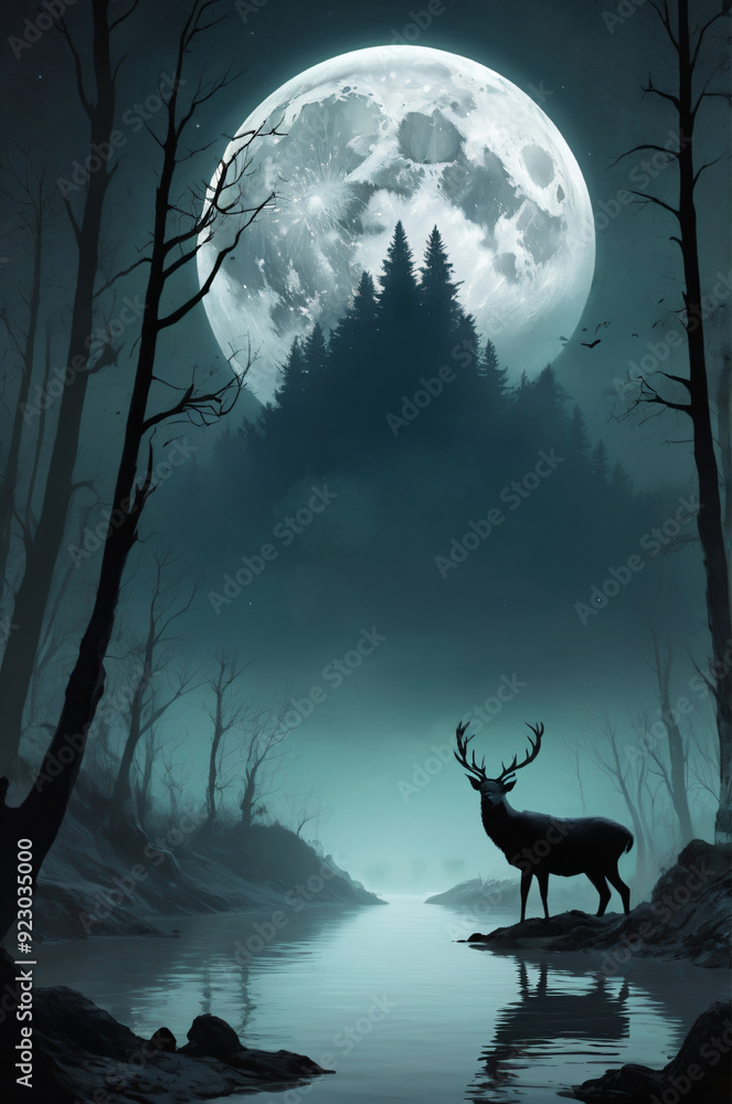 Fototapeta premium Deer in a dramatic environment under the moonlight