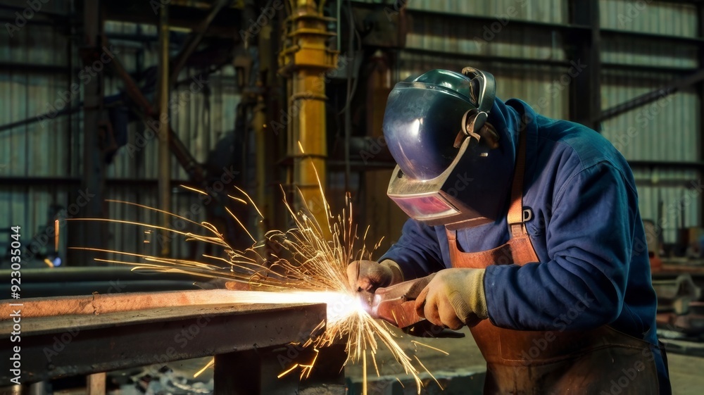 Man is working at metal factory he is welding a piece Man is working at metal factory he is welding a piece
