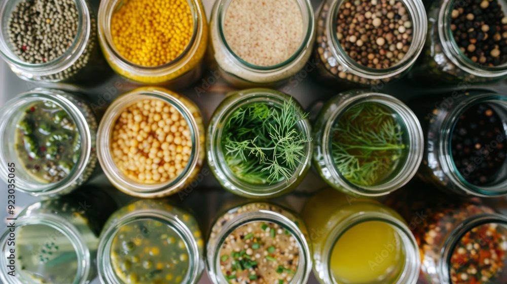 An assortment of pickling spices, including mustard seeds, dill, and peppercorns, spread out next to jars filled with brine, ready for sealing. An assortment of pickling spices, including mustard seeds, dill, and peppercorns, spread out next to jars filled with brine, ready for sealing.