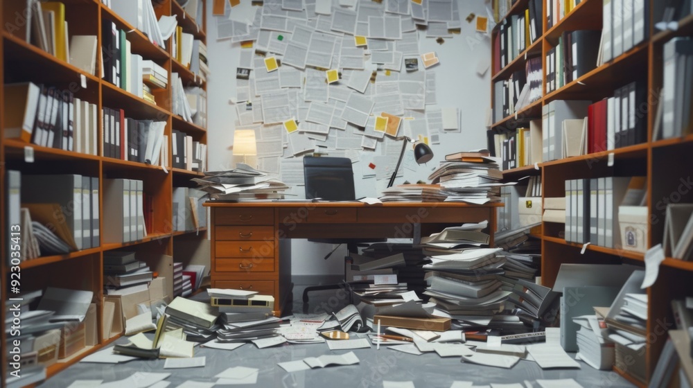 An office desk buried under an overflow of documents, files, and folders, with papers cascading onto the floor. An office desk buried under an overflow of documents, files, and folders, with papers cascading onto the floor.