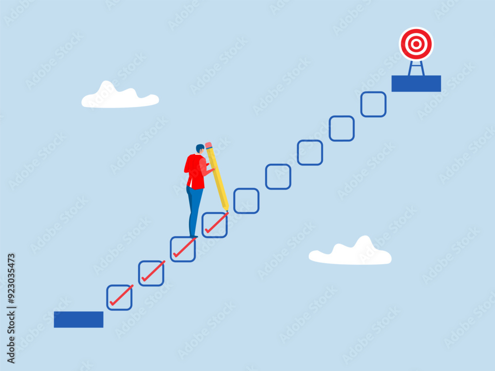 Progression from start to success, ,businessman step up checklist as ...