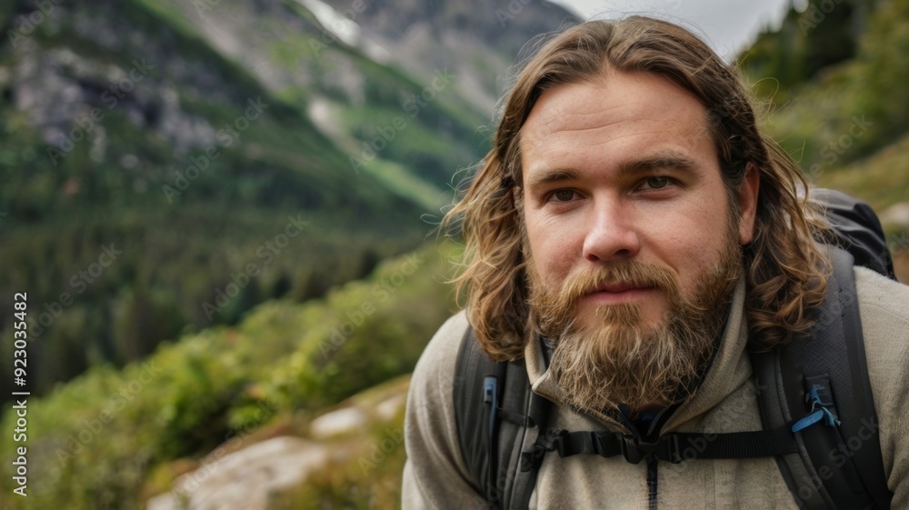 Man with long hair hiking in nature Man with long hair hiking in nature