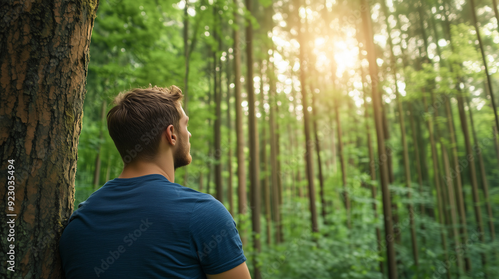 Rear view of young man in blue t-shirt admiring beauty of forest while taking forest bath. Rear view of young man in blue t-shirt admiring beauty of forest while taking forest bath.