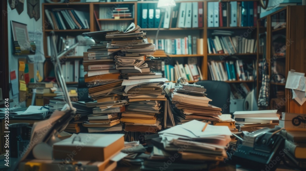 An office workspace with a chaotic pile of documents and files, illustrating the stress of handling too much paperwork. An office workspace with a chaotic pile of documents and files, illustrating the stress of handling too much paperwork.
