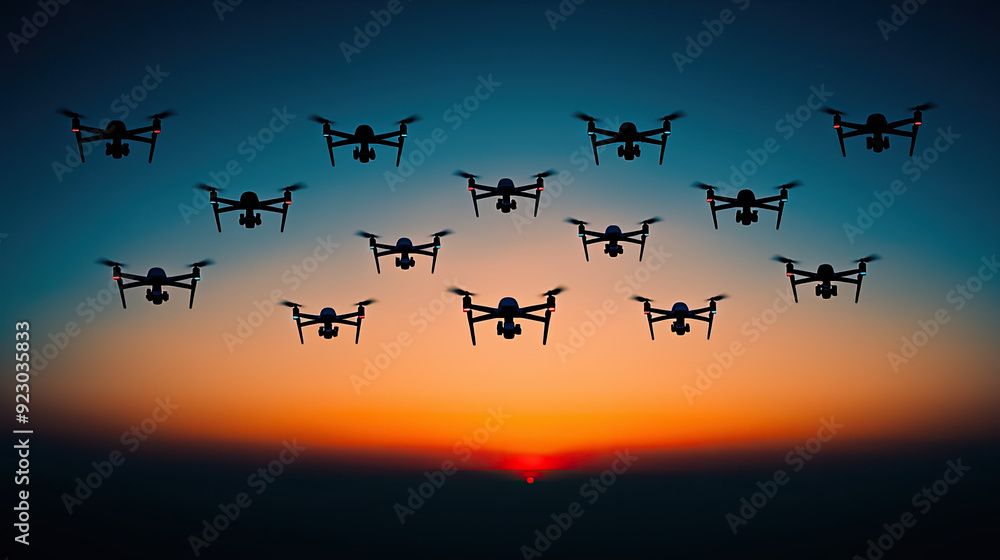 A stunning aerial view of multiple drones flying majestically against a vibrant sunset backdrop, creating an impressive visual. A stunning aerial view of multiple drones flying majestically against a vibrant sunset backdrop, creating an impressive visual.