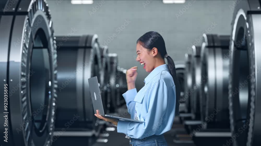 Side View Of An Asian Female Professional Worker Standing With Her Laptop In Metal Factory, High-tech Industrial Facility, She Raises Her Fist Up With Screaming Goal After Typed On The Laptop Side View Of An Asian Female Professional Worker Standing With Her Laptop In Metal Factory, High-tech Industrial Facility, She Raises Her Fist Up With Screaming Goal After Typed On The Laptop