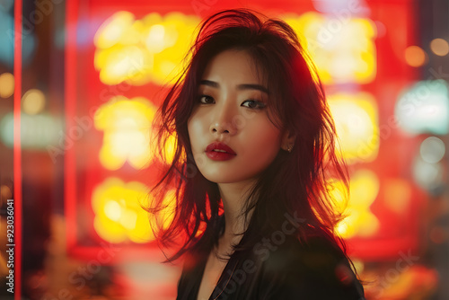 A woman with red lipstick and long hair is standing in front of a neon sign