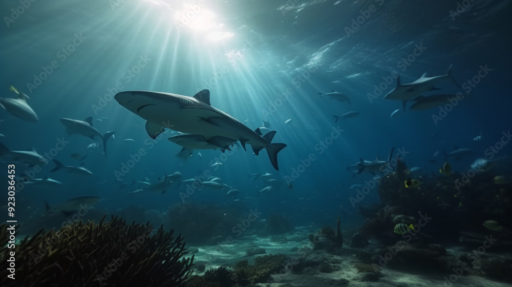 Stunning underwater scene with sharks swimming.
Stunning underwater scene with sharks swimming.