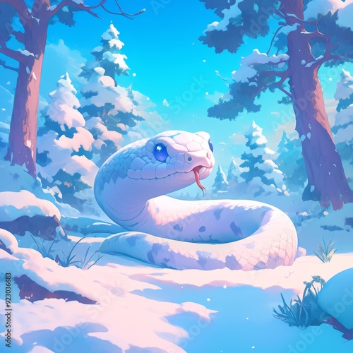 Magical Winter Wonderland: Enchanting Anime-Style Snowy Forest with Hibernating Cobra. Dreamy 4K Illustration for 2025 Spring Festival and Christmas. Creative Marketing Background for Game Art and Boo photo