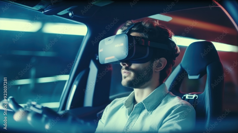 Man in a car using VR headset Man in a car using VR headset