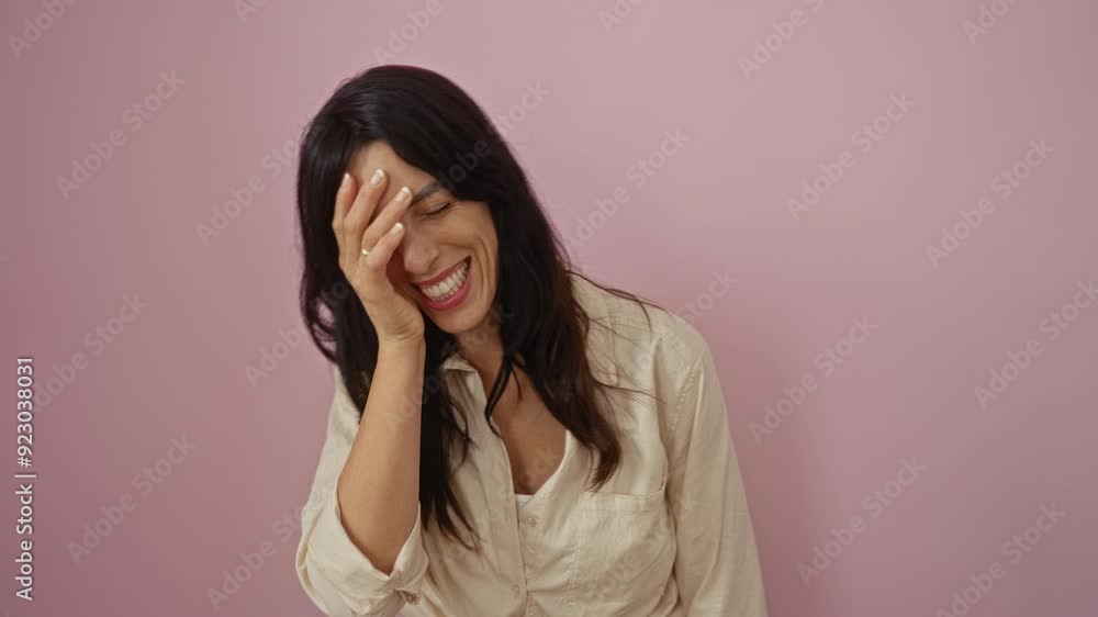 Laughing woman with long dark hair covering face in joy against a pink background, showing happiness Laughing woman with long dark hair covering face in joy against a pink background, showing happiness