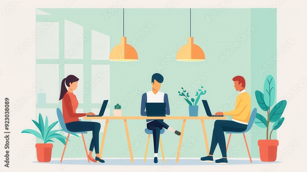 Startup office, modern workspace with tech devices, flat design illustration Startup office, modern workspace with tech devices, flat design illustration