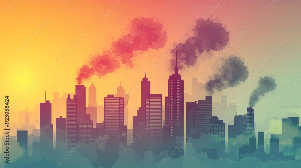 Fototapeta premium Urban Skyline with Air Pollution and Emissions at Sunrise