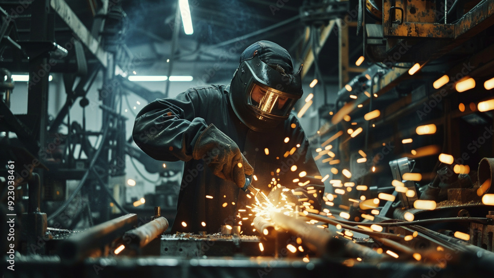 Worker in Protective Gear Grinding Metal in a Workshop with Bright Sparks, Surrounded by Detailed Machinery and Tools in an Intense Industrial Factory Setting Worker in Protective Gear Grinding Metal in a Workshop with Bright Sparks, Surrounded by Detailed Machinery and Tools in an Intense Industrial Factory Setting