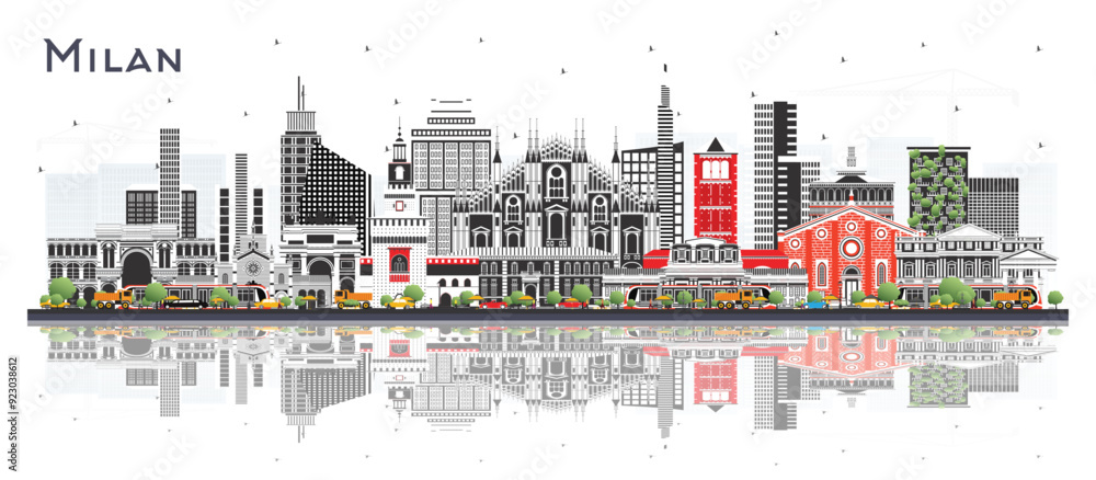 Obraz premium Milan Italy City Skyline with Color Buildings and reflections Isolated on White. Business Travel and Concept with Historic Architecture. Milan Cityscape with Landmarks.
