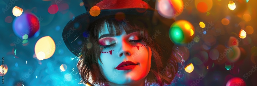 Girl wearing a top hat and clown makeup juggling behind the scenes at a circus. Girl wearing a top hat and clown makeup juggling behind the scenes at a circus.