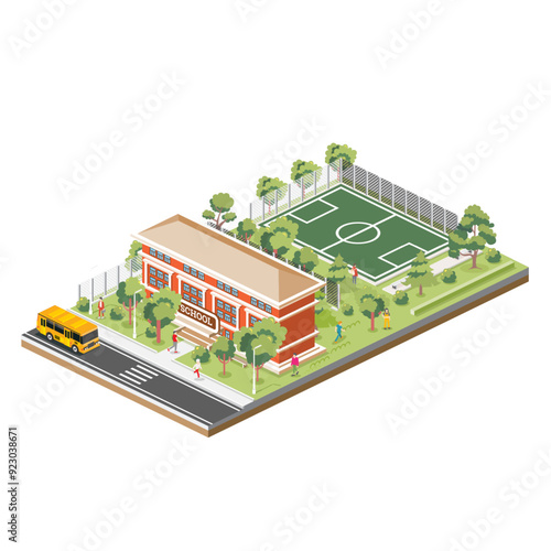 School or university building with sport stadium on the schoolyard. Isometric scene. School bus. Green trees.