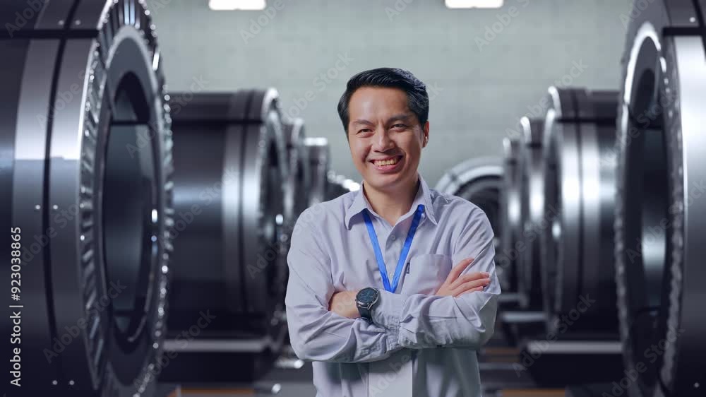 Shot Captures Of An Asian Male Professional Worker Standing In Metal Factory, High-tech Industrial Facility, His Broad Smile At The Camera And Cross His Arm Over His Chest Shot Captures Of An Asian Male Professional Worker Standing In Metal Factory, High-tech Industrial Facility, His Broad Smile At The Camera And Cross His Arm Over His Chest