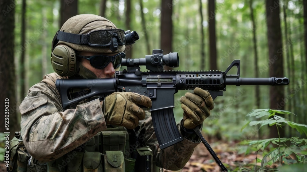 Portrait of airsoft player in professional equipment Portrait of airsoft player in professional equipment
