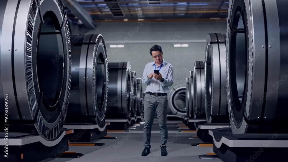 Full Body Of An Asian Male Professional Worker Standing With His Smartphone In Metal Factory, High-tech Industrial Facility, He Is Nodding His Head With Dissapionted Full Body Of An Asian Male Professional Worker Standing With His Smartphone In Metal Factory, High-tech Industrial Facility, He Is Nodding His Head With Dissapionted