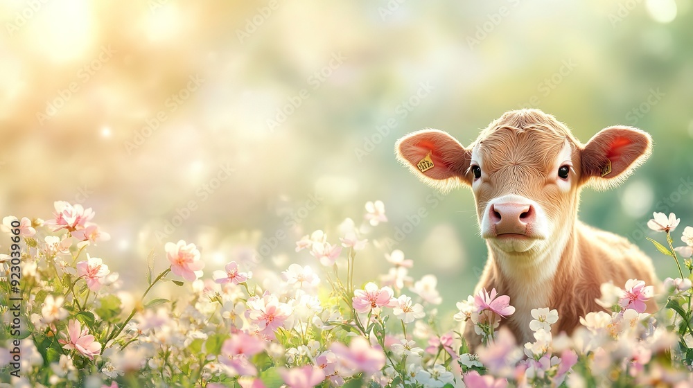banner of little cow on the spring flower background banner of little cow on the spring flower background