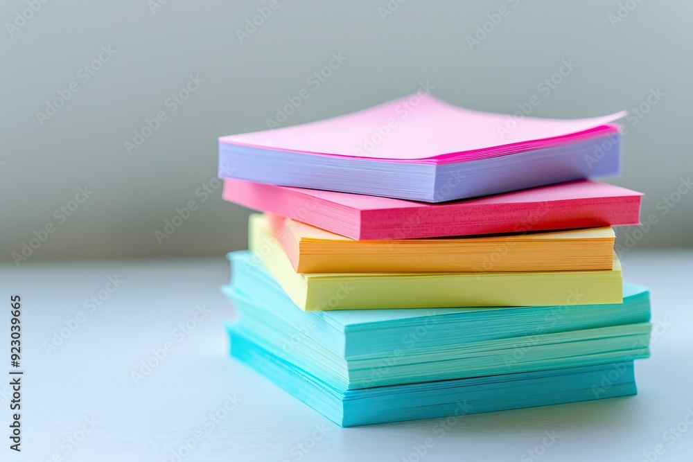 Stack of pastel-colored sticky notes Office supplies Stationery organization Soft hues Pink blue yellow purple Productivity tools Desktop setting Stack of pastel-colored sticky notes Office supplies Stationery organization Soft hues Pink blue yellow purple Productivity tools Desktop setting