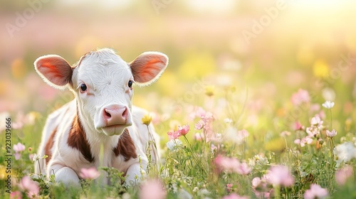 banner of little cow on the spring flower background 