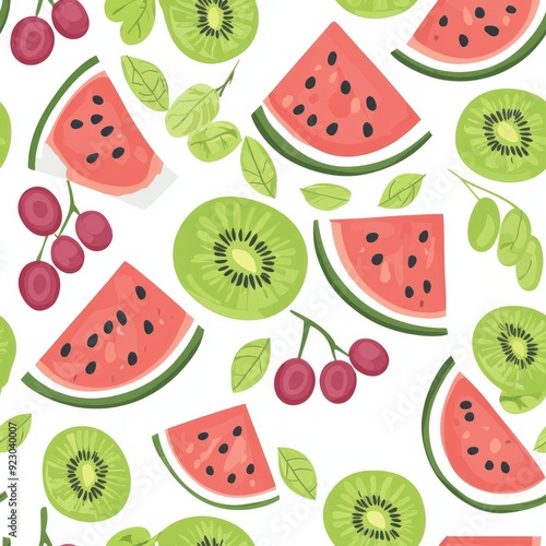 Seamless pattern of fruits having a picnic, featuring watermelon slices, grapes