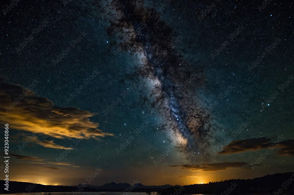 Beautiful night sky.Mountains, rivers, stars and the Milky Way Beautiful night sky.Mountains, rivers, stars and the Milky Way