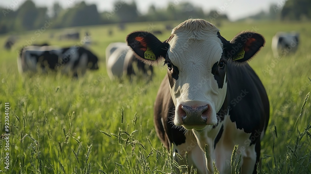Holstein cow in a field. Close-up of a Holstein cow standing in a green field with more cows in the background Holstein cow in a field. Close-up of a Holstein cow standing in a green field with more cows in the background