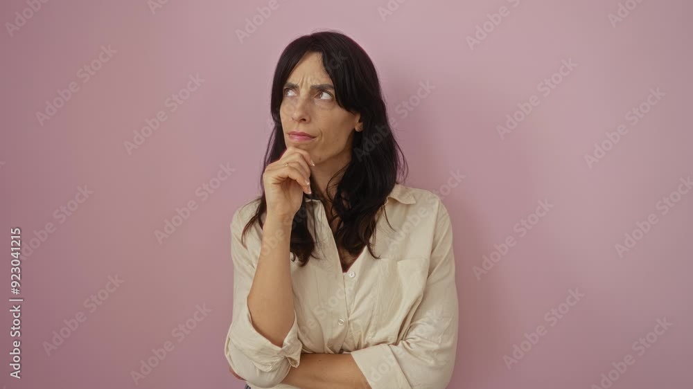 Woman thinking over pink background, looking thoughtful with hand on chin Woman thinking over pink background, looking thoughtful with hand on chin