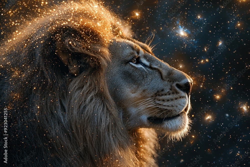 Naklejka premium A lion with a golden mane is staring at the camera. The image has a dreamy, ethereal quality to it, as if the lion is looking into a starry sky