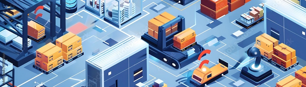 Automated Warehouse with Forklifts and Conveyor Belts Illustration Automated Warehouse with Forklifts and Conveyor Belts Illustration