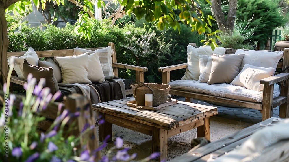 Fototapeta premium Cozy wooden patio set with cozy pillows and throws and rustic wooden seats