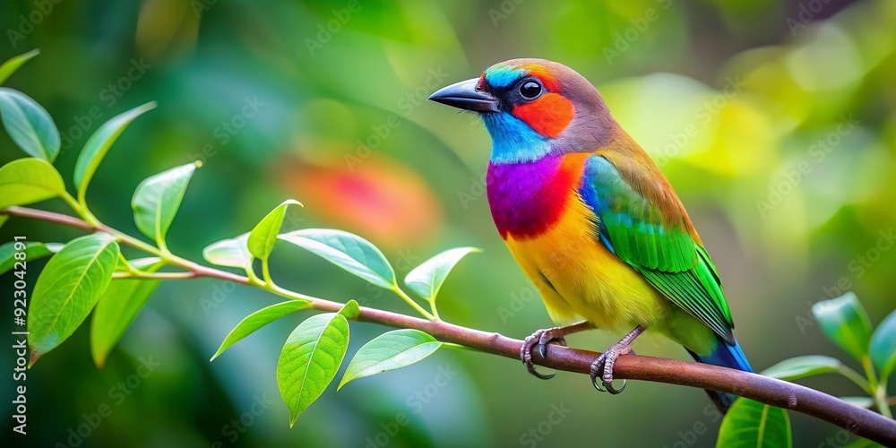 Obraz premium Colorful bird perched on a branch with leaves, featuring a contrast outline, bird,colorful, branch, leaves, contrast